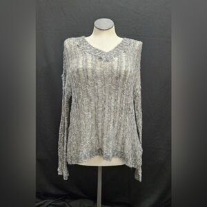 Harley-Davidson Split Back V-Neck Open Stitch Sweater Size L Grey White Light